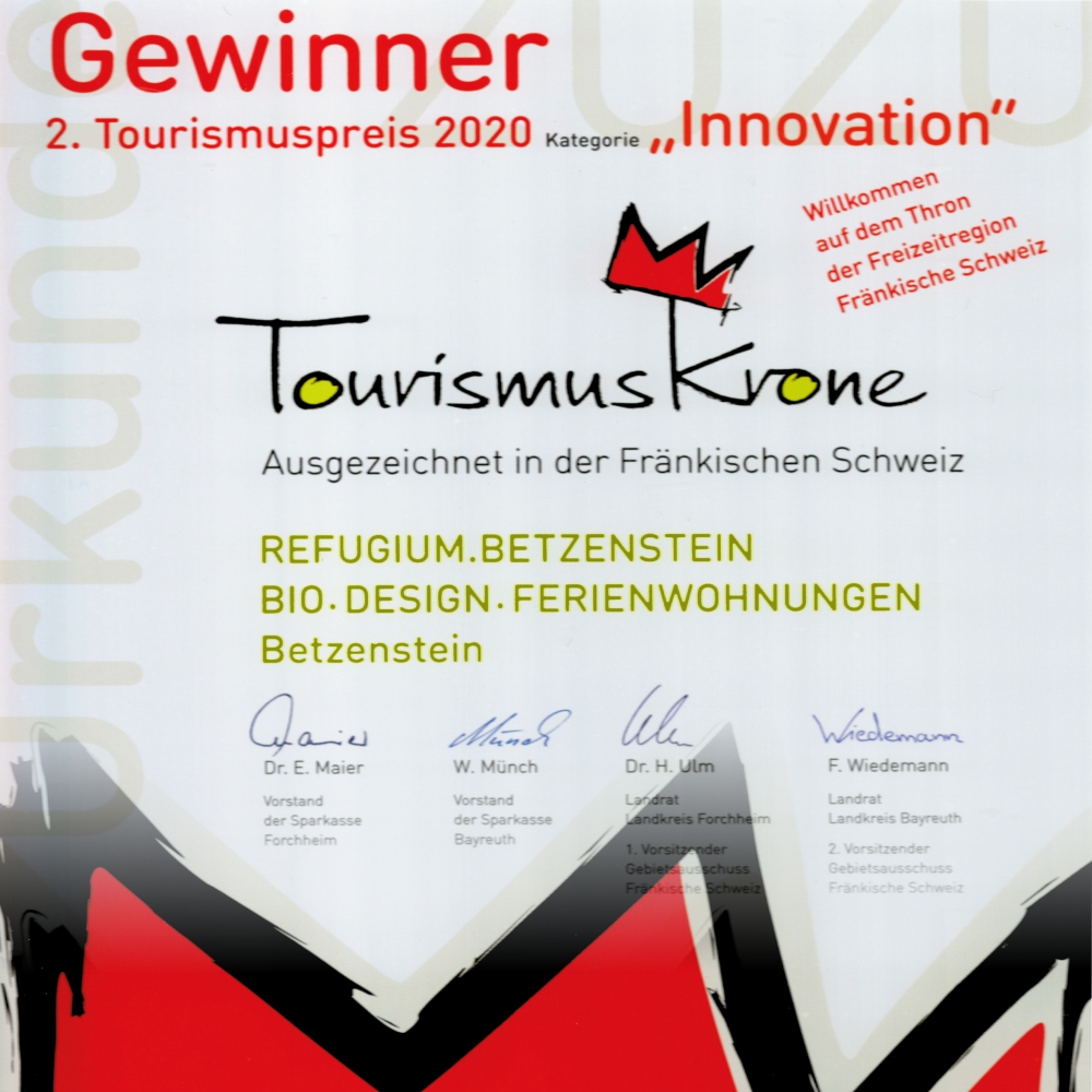 Tourismuspreis Fränkische Schweiz 2020 - Tourismuskrone Bio-Design-Ferienhaus