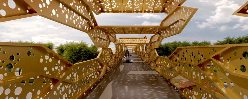 BUCHER | HÜTTINGER – ARCHITEKTUR INNEN ARCHITEKTUR - Fußgängerbrücken - Verkehrsbauten, Architektur Brücken mit goldenen Lochblech und Stahlbeton, Architekt Oberfranken, Fränkische Schweiz